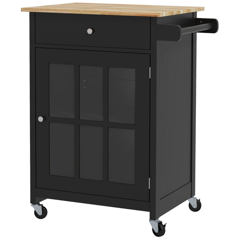 HOMCOM Küchenwagen mit Schublade, verstellbarem Fach, 4 Rollen und seitlichem Handtuchhalter, Arbeitsplatte aus Gummibaumholz, für Wohn- und Küche, 67x48x86.5 cm, Schwarz und Eiche Aosom – Bild 1 von 2