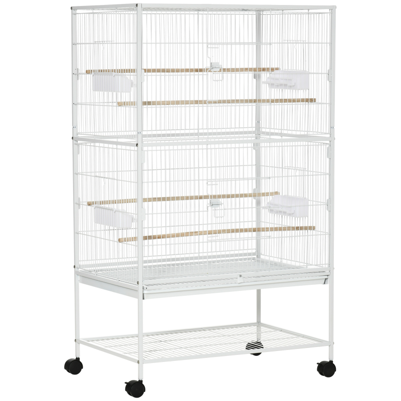 PawHut Innen-Vogelkäfig aus Stahl und Holz mit herausnehmbarer Auffangschale, 4 Rollen, Sitzstange und Futterbehälter, 78x52x132cm, Weiß Aosom – Bild 1 von 2