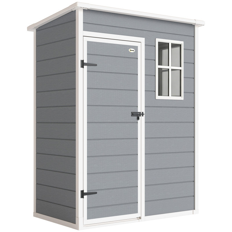 Outsunny Gerätehaus Kunststoff 1,14m² 151 x 92 x 193cm Geräteschuppen mit Pultdach Boden Fenster Abschließbarer Tür wetterfest Gartenhaus Outdoor Garten Schuppen für Hinterhof Grau Aosom – Bild 1 von 2