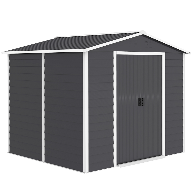 Outsunny Gerätehaus 4,4 m², Gartenhaus mit Pultdach, Schiebetür, Fundament, Einfach Montage 240 x 206 x 198 cm, Geräteschuppen aus Verzinkter Stahl, wetterfest, für Garten, Dunkelgrau Aosom – Bild 1 von 2