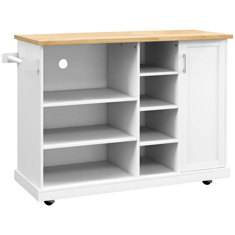 HOMCOM Kücheninselwagen, Küchenwagen mit Rollen, 7 offene Fächer, 1 Schrank 1 Tür, 129 x 51 x 93 cm, Holz und Weiß Aosom – Bild 1 von 2