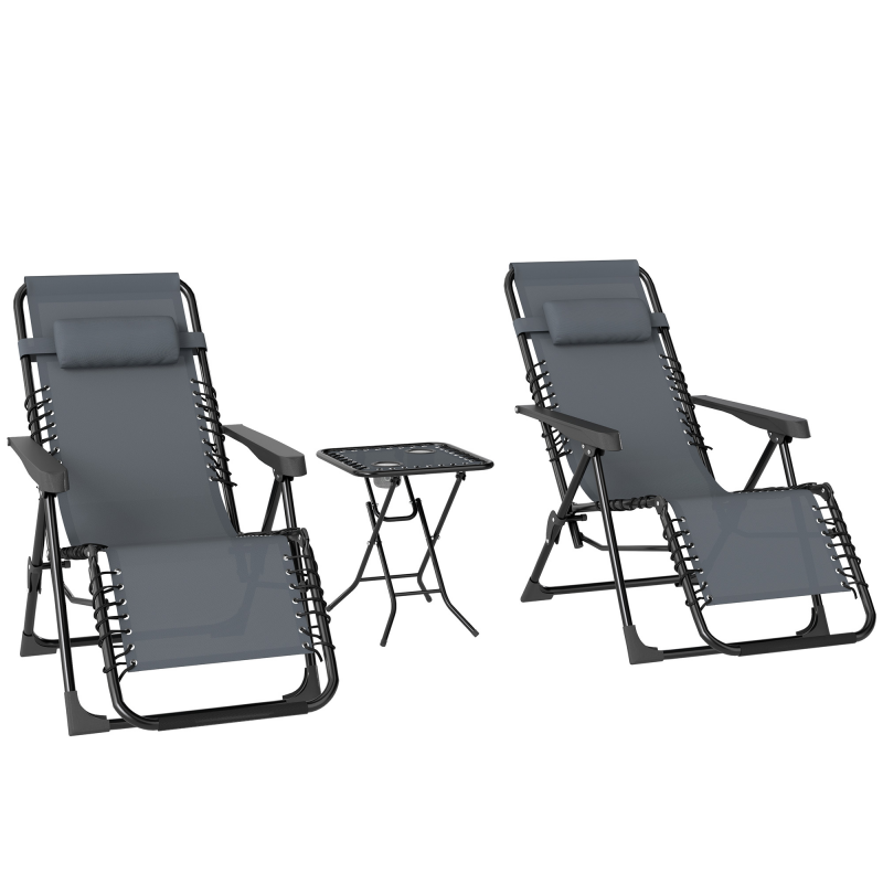Outsunny Sonnenliege 2er Set klappbar Zero Gravity Liegestuhl mit abnehmbaren Kopfstützen Beistelltisch inklusive 2 Getränkehalter, Extra Breit Gartenliege Relaxliege für Garten Terrasse Pool Grau Aosom – Bild 1 von 2