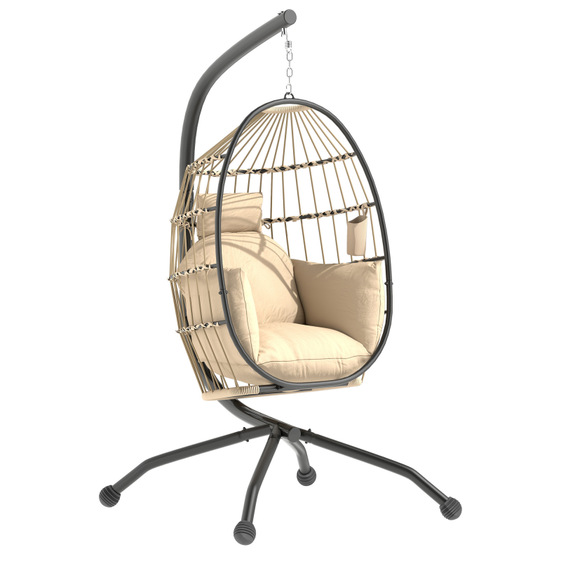 Outsunny Eiförmiger Hängesessel mit Gestell, faltbar Hängeschaukel mit Becherhalter, abnehmbar waschbar Sitz, Hängematte, Schaukelsessel für Terrasse, Garten, Khaki Aosom – Bild 1 von 2