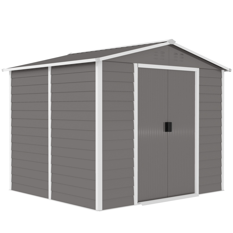 Outsunny Gerätehaus 4,4 m², Gartenhaus mit Pultdach, Schiebetür, Fundament, Einfach Montage 240 x 206 x 198 cm, Geräteschuppen aus Verzinkter Stahl, wetterfest, für Garten, Hellgrau Aosom – Bild 1 von 2