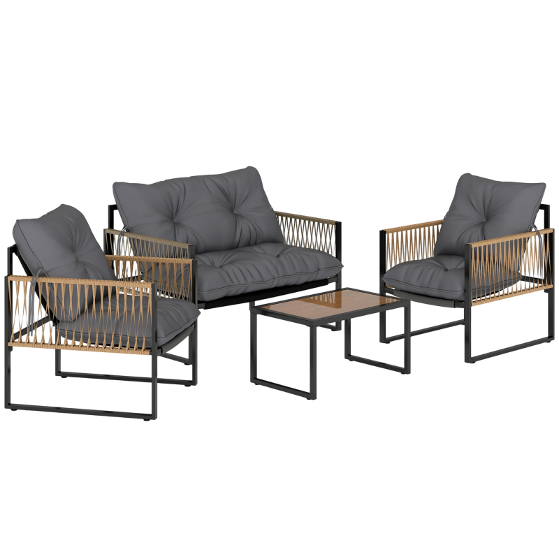 Outsunny 4 tlg Rattan Gartenmöbel Set mit Kissen, Gartensitzgruppe, 1 Couchtisch aus Glas, 2 Sessel, 1 Doppelsofa, elegante Sitzgarnitur Aosom.de – Bild 1 von 2