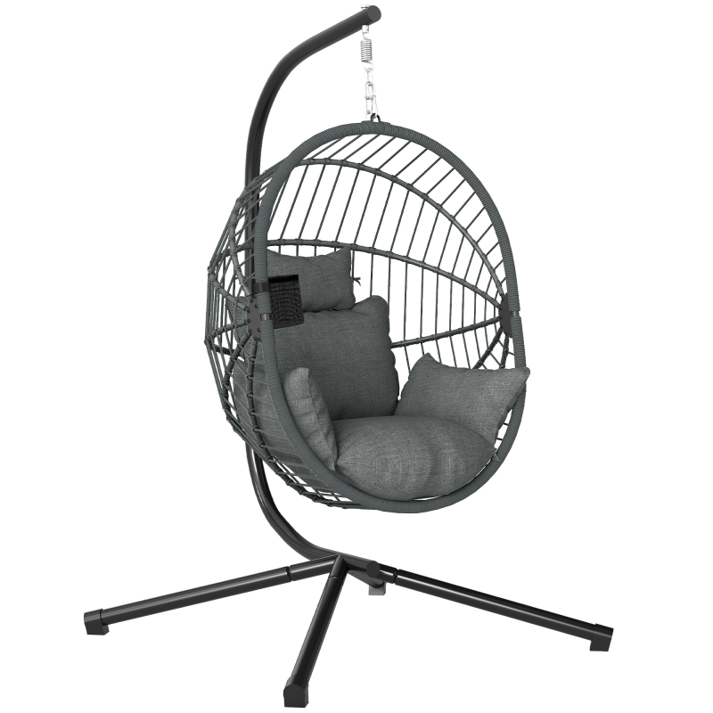 Outsunny Hängesessel Hängeschaukel mit Kissen und Becherhalter, klappbarer Sitzkorb in Rattanoptik bis 120 kg belastbar aus Stahl Grau Aosom.de – Bild 1 von 2