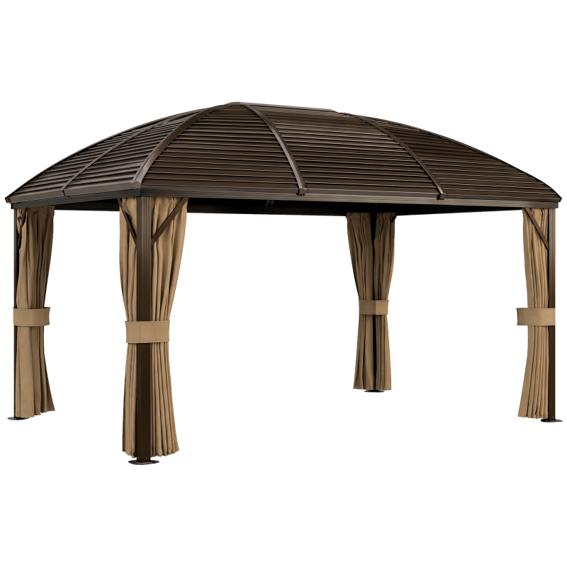 Outsunny Pavillon mit Hardtop, 4x3 m Wasserdicht Stabil Winterfest Gartenpavillon mit Moskitonetz, Haken, Seitenteile, Bogendach, Garten-Pavillon aus Aluminium, für Garten, Terrasse, Braun Aosom – Bild 1 von 2