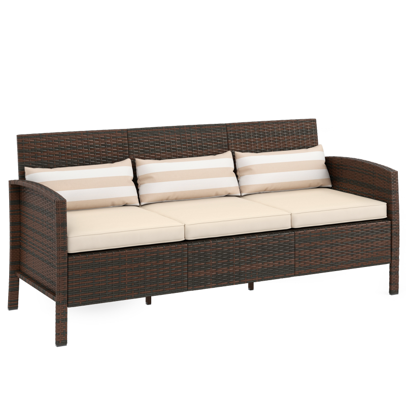 Outsunny Rattan Garten Loungesofa Dreisitzer mit Kissen, Stahlrahmen, braun, 173x68x78 cm, ideal für Terrasse & Garten Aosom.de – Bild 1 von 2