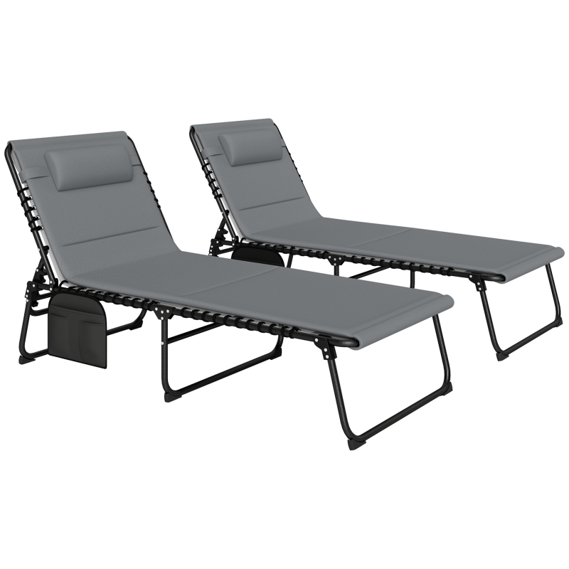 Outsunny 2er Set Sonnenliege klappbar Gartenliege mit Kopfkissen 5-Fach höhenverstellbarer Rückenlehne Seitentasche Liegestuhl bis 120kg belastbar Outdoor Relaxliege für Pool, Strand Dunkelgrau Aosom – Bild 1 von 2