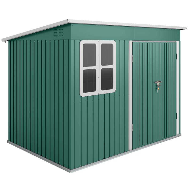 Outsunny Metall Gerätehaus 4,13 m² Geräteschuppen mit Fenster Pultdach Abschließbarer Breiter Tür Bodenrahmen 260 x 177 x 190 cm wetterfest Gartenhaus Outdoor Garten Schuppen für Außenbereich Grün Aosom – Bild 1 von 2