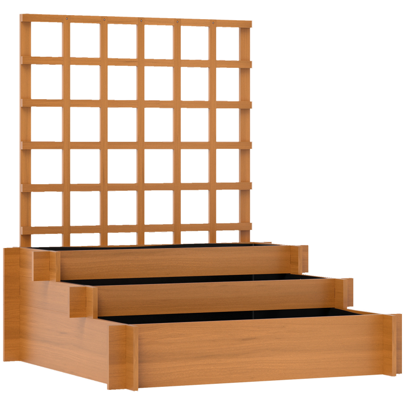 Outsunny Hochbeet mit Rankhilfe, 3-stufig Blumenkasten mit Vliesstoff, Gemüsebeet, Pflanzkasten, Kräuterbeet für Garten, Balkon, Tannenholz, Braun, 95 x 95 x 110 cm Aosom – Bild 1 von 2