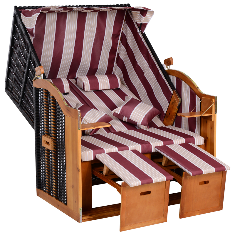 Outsunny Strandkorb Doppelte Sonnenliege mit Dach 5-stufige Rückenlehne Chaiselongue mit Getränkehaltern PE-Rattan Rot-Weiß 118x79x160cm für Garten & Balkon Aosom.de – Bild 1 von 2