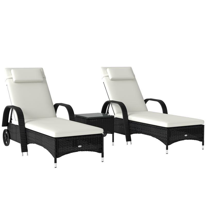 Outsunny Sonnenliege Gartenliege Tisch 3er-Set Gartenmöbel, Polyrattan+Metall Schwarz+Cremeweiß Aosom – Bild 1 von 2
