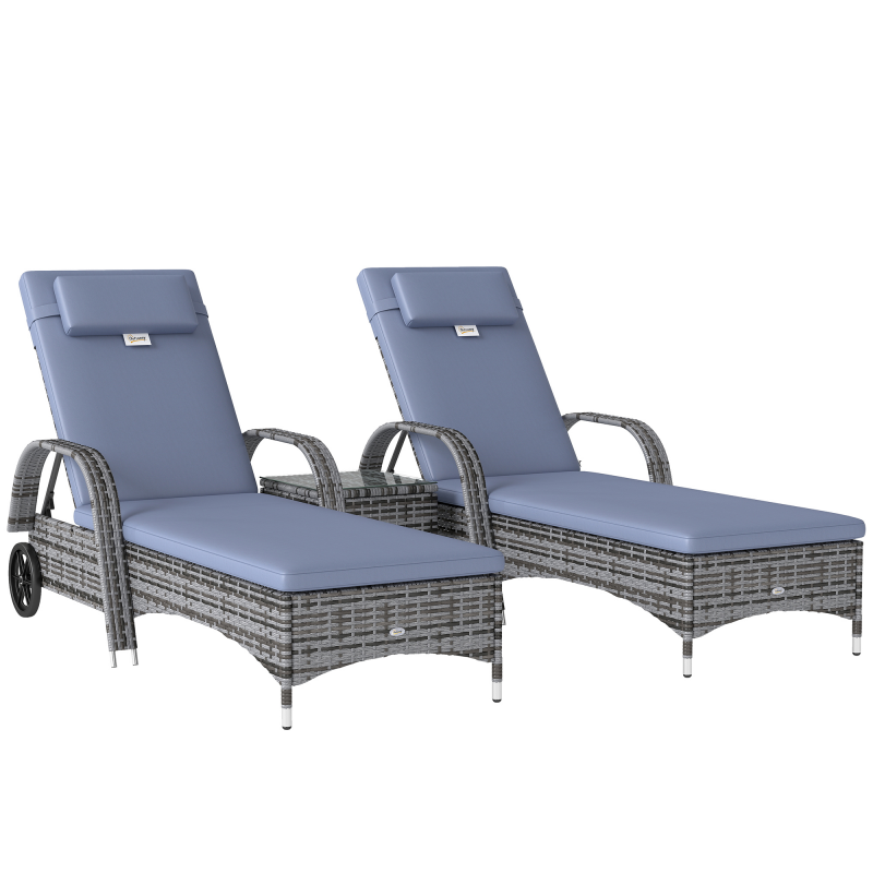 Outsunny Sonnenliege Gartenliege Tisch 3er-Set Gartenmöbel, Polyrattan+Metall Grau Aosom – Bild 1 von 2