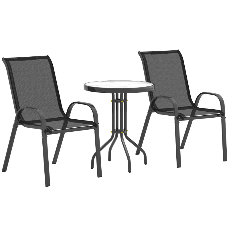 Outsunny Bistro-Set 3-teilig Wetterfest Gartenmöbel Set mit Glastisch Stapelbare Gartenstühlen Outdoor Balkonmöbel Set Sitzgruppe Balkonset Gartengarnitur Schwarz Aosom – Bild 1 von 2