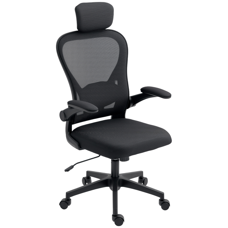 HOMCOM Bürostuhl Ergonomischer Schreibtischstuhl mit Hochklappbaren Armlehnen, Verstellbarer Lendenwirbelstütze, Kopfteil, Höhenverstellbarer Drehstuhl mit Wippfunktion, Netzbespannung Schwarz Aosom – Bild 1 von 2