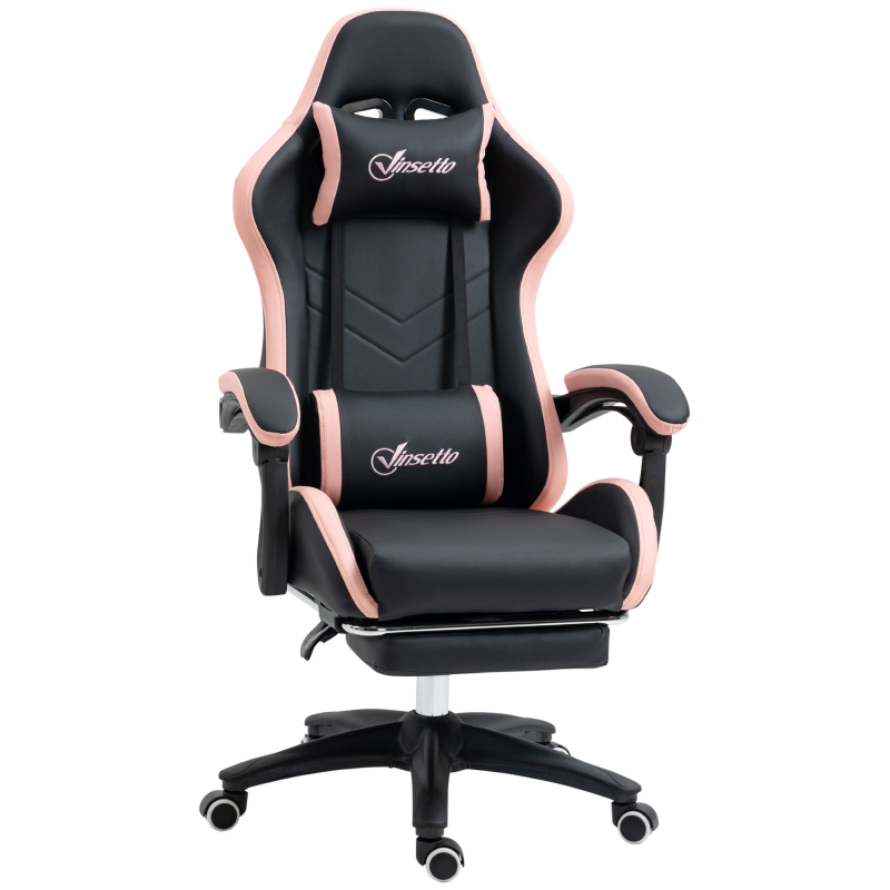 Vinsetto Gaming Stuhl Bürostuhl Computerstuhl mit Lendenkissen, Kopfstütze, Gaming Sessel, höhenverstellbarer Schreibtischstuhl mit Fußstütze, Kunstleder, Schwarz+Rosa Aosom – Bild 1 von 2