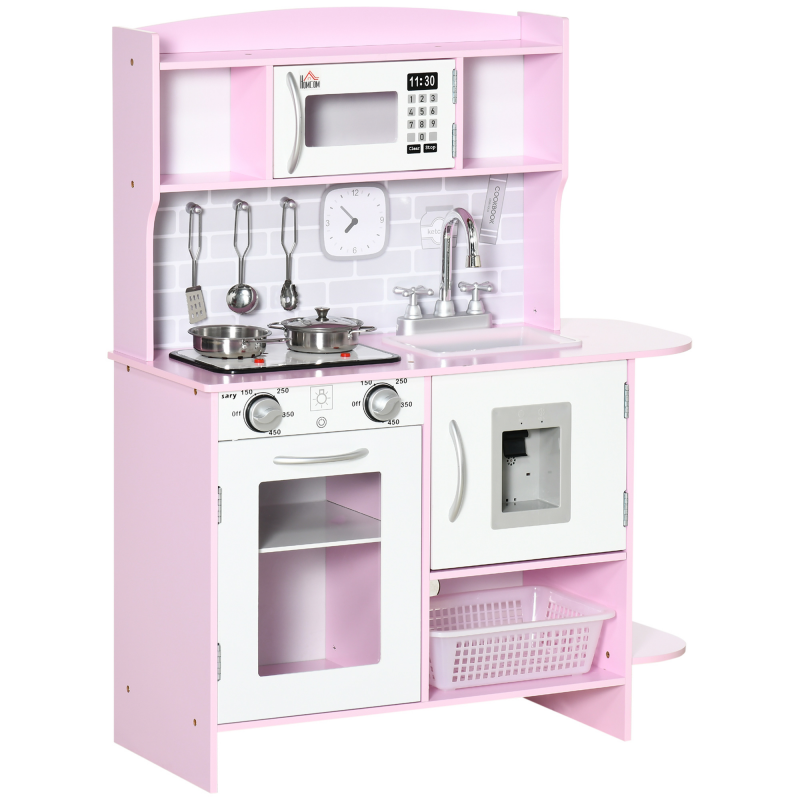 HOMCOM Kinderspielküche aus Holz, Spielküche mit Herd, Lichtern und Sounds, Mikrowelle, Wasserdispenser, Schränken, Spüle und Zubehör, 3-6 Jahre, Rosa Aosom – Bild 1 von 2