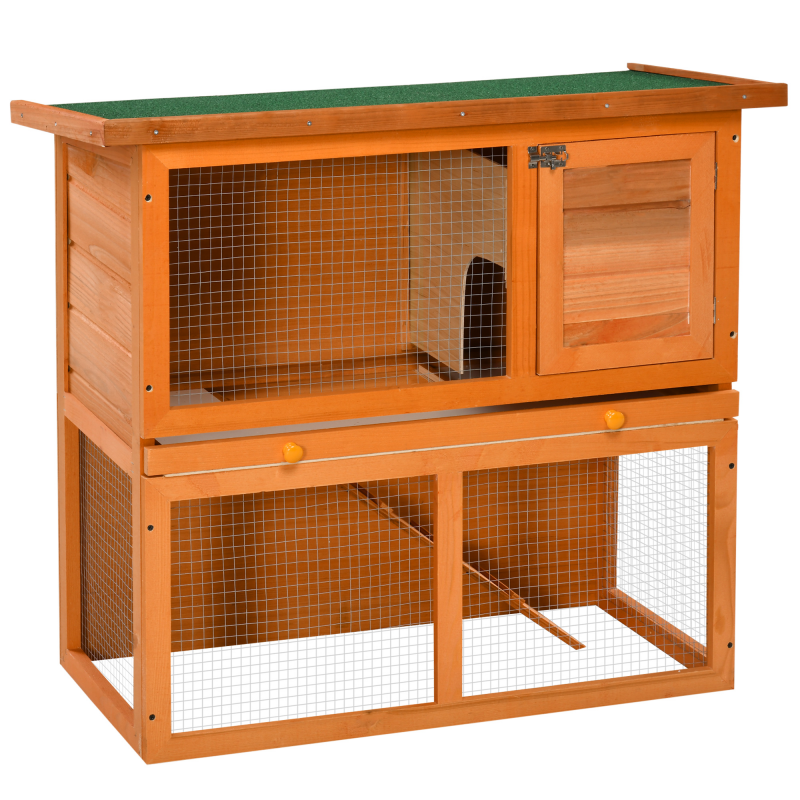 PawHut Zwergkaninchenstall doppelstöckig 90 x 45 x 80 cm mit Rampe aus Holz für Outdoor, gelb, ideal für Kaninchenhaltung Aosom.de – Bild 1 von 2