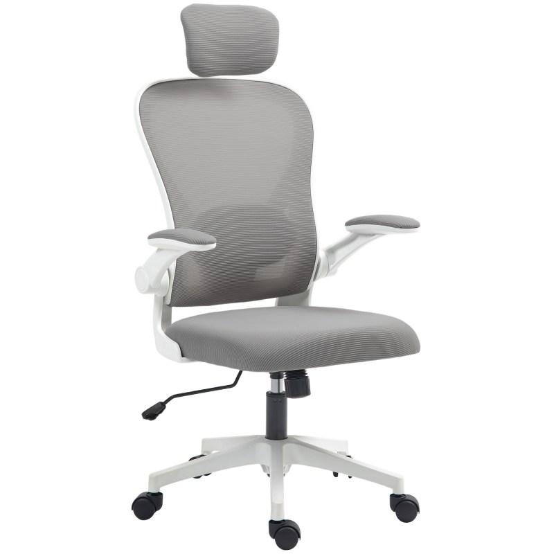 HOMCOM Bürostuhl Ergonomischer Schreibtischstuhl mit Hochklappbaren Armlehnen, Verstellbarer Lendenwirbelstütze, Kopfteil, Höhenverstellbarer Drehstuhl mit Wippfunktion, Netzbespannung Grau Aosom – Bild 1 von 2