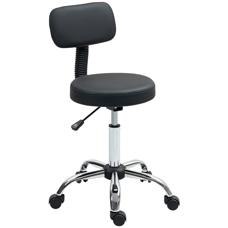 HOMCOM Höhenverstellbarer Drehhocker um 360°, Kosmetikhocker mit gepolstertem Rücken und Sitz, Rollen, Kunstleder, Belastbarkeit 120 kg, 46x51x78-93 cm, Schwarz Aosom – Bild 1 von 2
