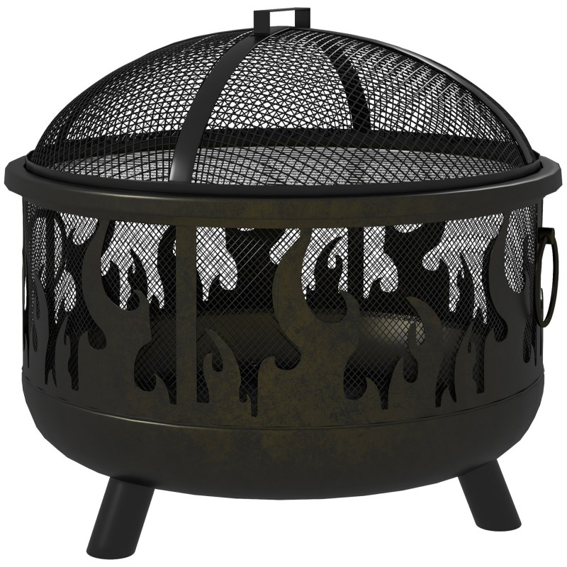 Outsunny Feuerschale Ø61 x 55cm aus Metall Feuerstelle mit Funkenschutz Schürhaken Grillrost Feuerschalen für Garten, Balkon Terrasse, BBQ Camping Schwarz Aosom – Bild 1 von 2
