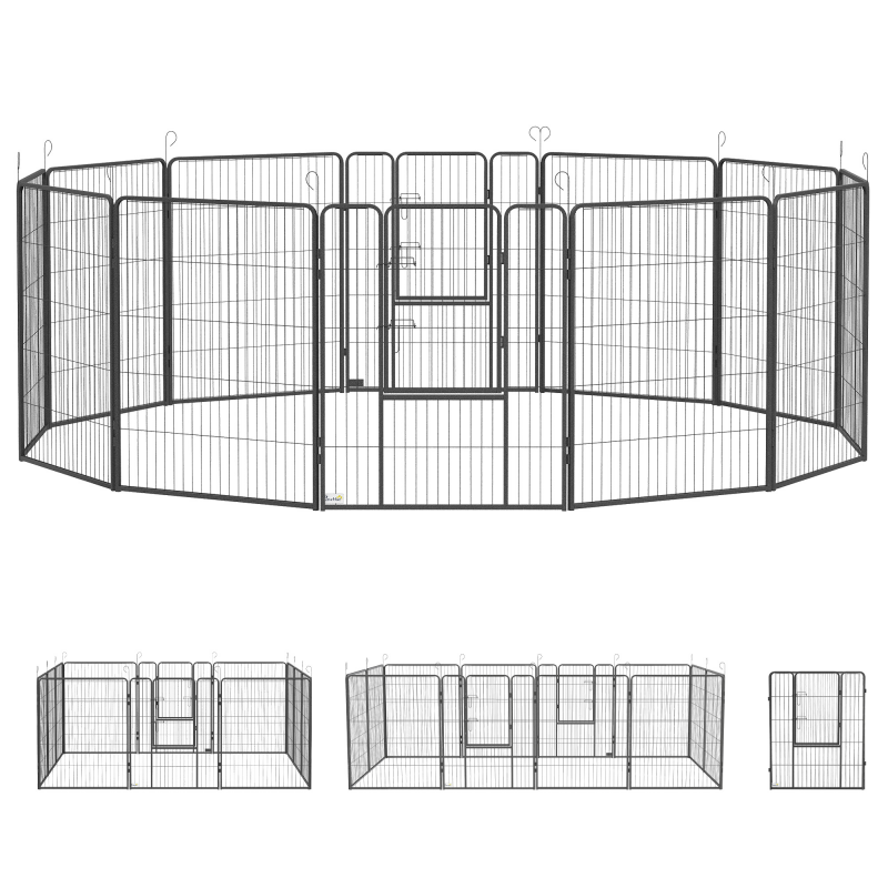 PawHut Welpenlaufstall 100cm hoch 12-teilig Welpenauslauf faltbar mit 2 Tür 12 Gitterplatten Freilaufgehege für Hunde bis 60 cm Schulterhöhe, Hundelaufstall Laufstall für drinnen und draußen Grau Aosom – Bild 1 von 2