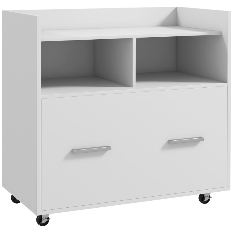 HOMCOM Druckerwagen mit Feststellrollen, Druckerschrank mit großer Schublade, offener Ablage und verstellbarer Leiste, Multifunktional für Büro/Arbeitszimmer, 76x40x75.5 cm, Weiß Aosom – Bild 1 von 2