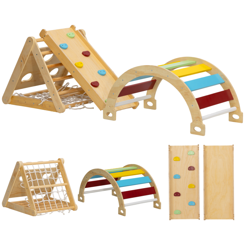 AIYAPLAY 7-in-1 Montessori Klettergerüst Indoor Holz Kletterdreieck mit Kletterbogen, Rutsche, Indoor Spielplatz mit Rampe, Kletternetz, Kletterstein, für Kinder von 1,5-4 Jahre, Mehrfarbig Aosom – Bild 1 von 2