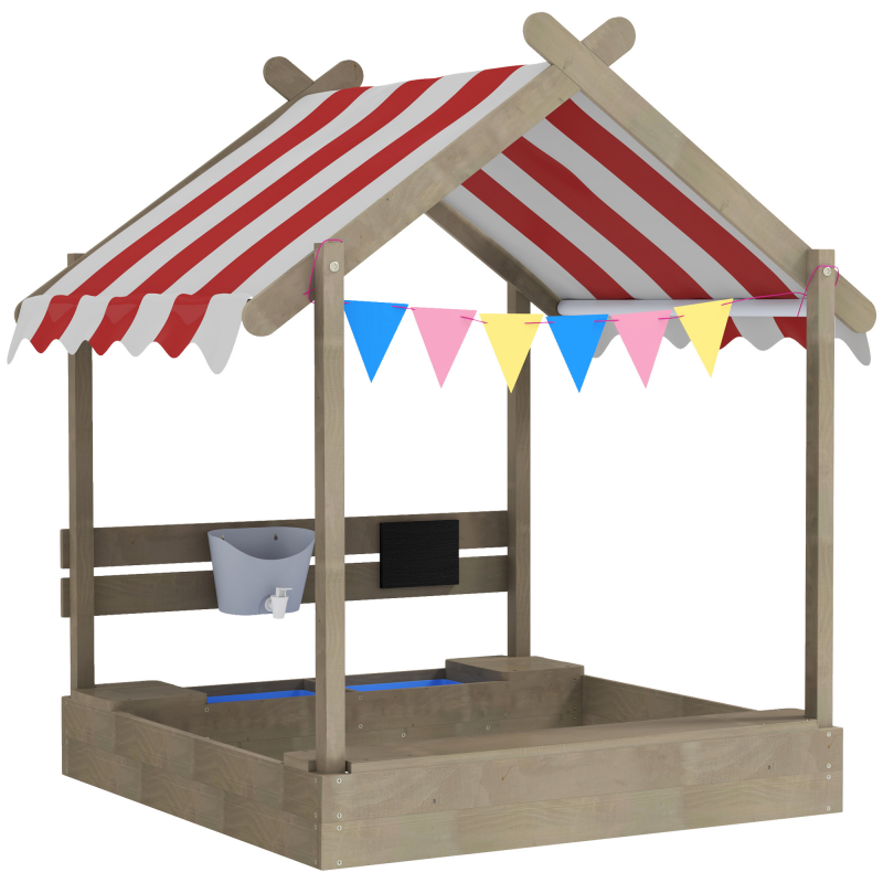 Outsunny Sandkasten mit Dach, Sandkiste aus Holz mit Sitzplatz, Spielhaus, 124 x 116 x 146 cm Sandbox mit Tafel für 3-7 Jahre Kinder, Garten, Grau Aosom – Bild 1 von 2