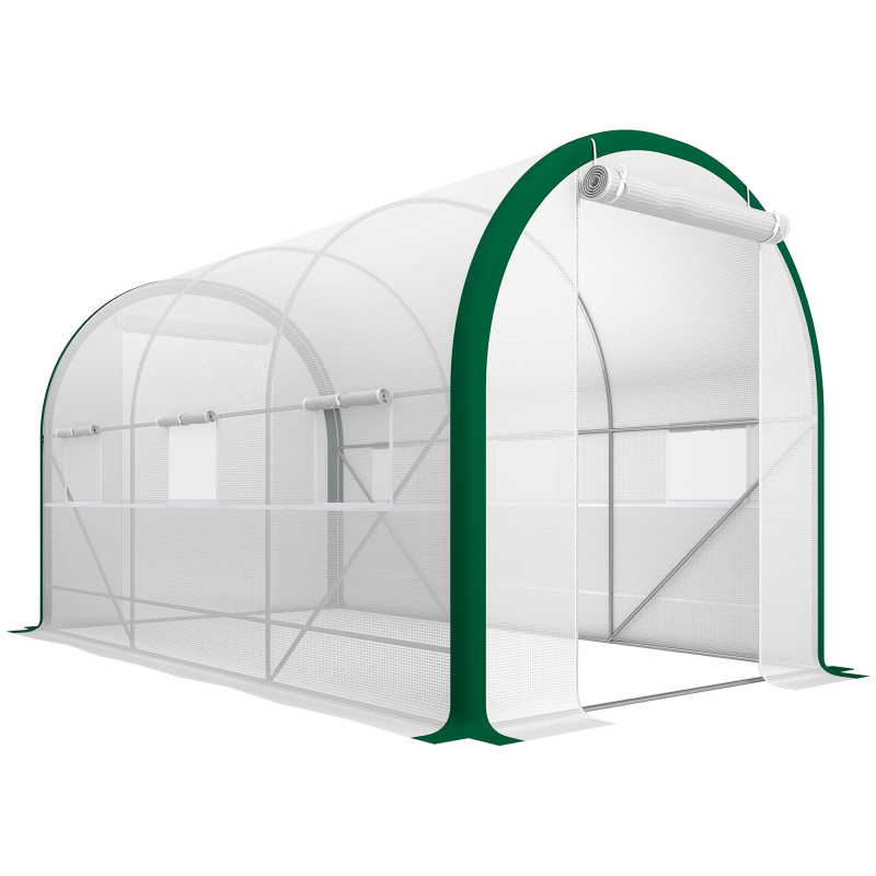 Outsunny Foliengewächshaus 3,58 x 2,1 x 2,1 m Tunnelgewächshaus mit Rolltür für Garten & Balkon, verzinkter Stahl, weiß Aosom.de – Bild 1 von 2