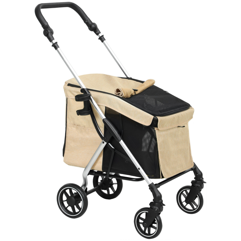 PawHut Hundewagen leicht Hundebuggy aus Aluminium klappbar für Hunde & Katzen bis 10 kg Katzenbuggy mit Kissen Netzfenstern Türen Aufbewahrungskorb Katzenwagen Buggy Khaki Aosom – Bild 1 von 2