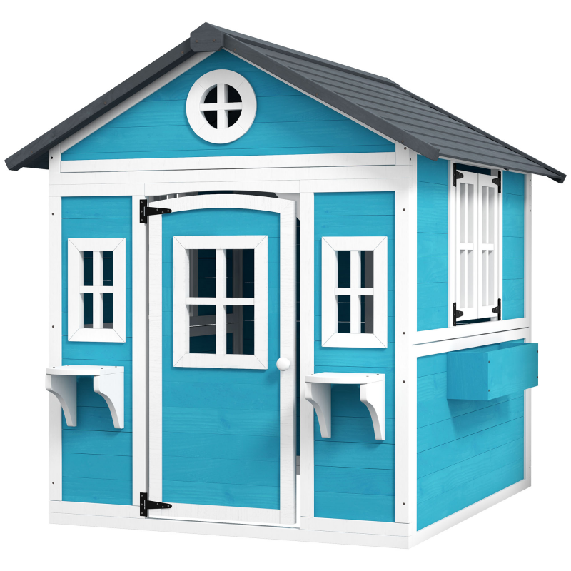 Outsunny Kinderspielhaus aus Holz Spielhaus Outdoor mit Fenster, Blumenregal, Pflanzenkasten und Tür Gartenhaus für Kinder 3-8 Jahre Blau Aosom – Bild 1 von 2
