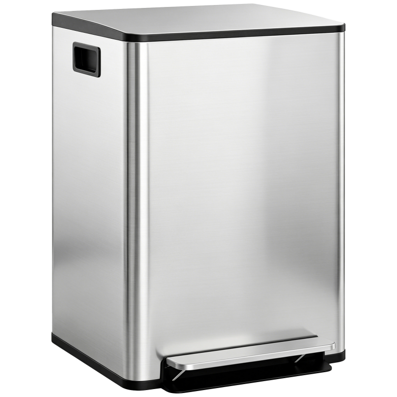 HOMCOM Mülleimer Küche 2x30 L Treteimer mit Softclose-Deckel Pedal Fingerabdruckfreie Edelstahl Mülltrennsystem mit 2 Fächer, recycelbare Abfälle, Abnehmbarer Inneneimer Silber, 47,7x37,5x66,8cm Aosom – Bild 1 von 2