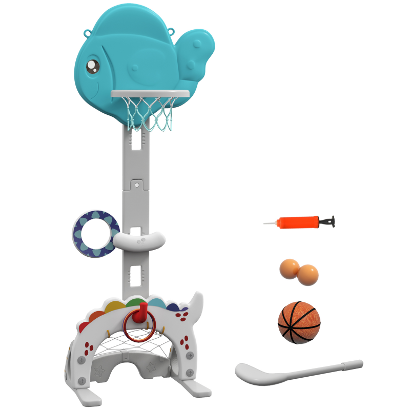 AIYAPLAY 5 in 1 Kinder Basketballkorb Höhenverstellbarer 134-152 cm Basketballkorb mit Basketballs Pumpe Fußballtor Golfball Fischform Indoor Outdoor Spielzeug für Jungen Mädchen 3-6 Jahre Blau+Grau Aosom – Bild 1 von 2
