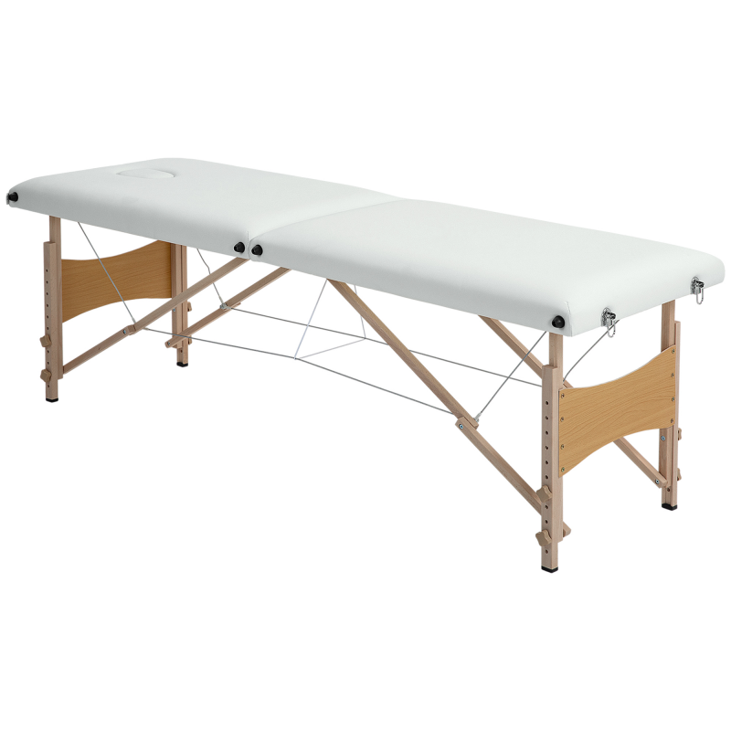 HOMCOM Mobile Massageliege 2 Zonen Klappbar Höhenverstellbar Massagetisch 60 cm Breit mit Tragetasche Holzfüßen Massagebank Massagebett für Tattoo Spa Salon Cremeweiß Aosom – Bild 1 von 2