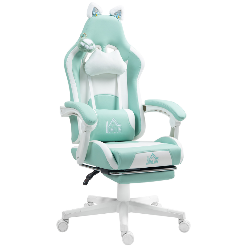 HOMCOM Gaming-Stuhl, Ergonomischer Gamer-Stuhl mit Lendenwirbelstütze, Fußstütze, Gaming-Sessel mit Katzenohren, Kopfkissen, höhenverstellbar Bürostuhl mit Liegefunktion, Kunstleder, Seeblau Aosom – Bild 1 von 2