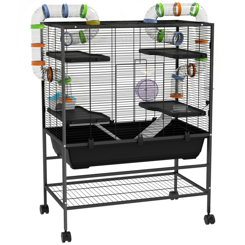 PawHut Hamsterkäfig Nagerkäfig mit Rädern, Röhren, Ablagefläche, Rampen, Laufrad, Futternapf, Wasserflasche, Meerschweinchen Käfig für Rennmäuse, syrische Hamster, Schwarz Aosom – Bild 1 von 2