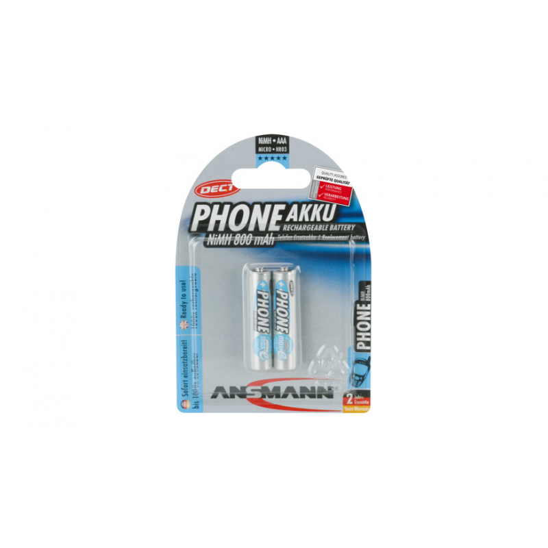 Ansmann Telefon-NiMH-Ersatzakku, ready2use, Micro AAA, 800mAh,HR03, 2er-Pack