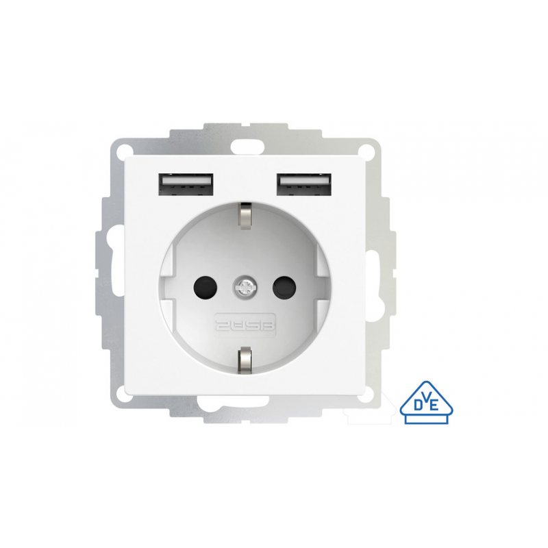 2USB Schutzkontakt-Steckdose mit 2 USB-Ports, reinweiß matt, 55 x 55 mm, VDE zertifiziert