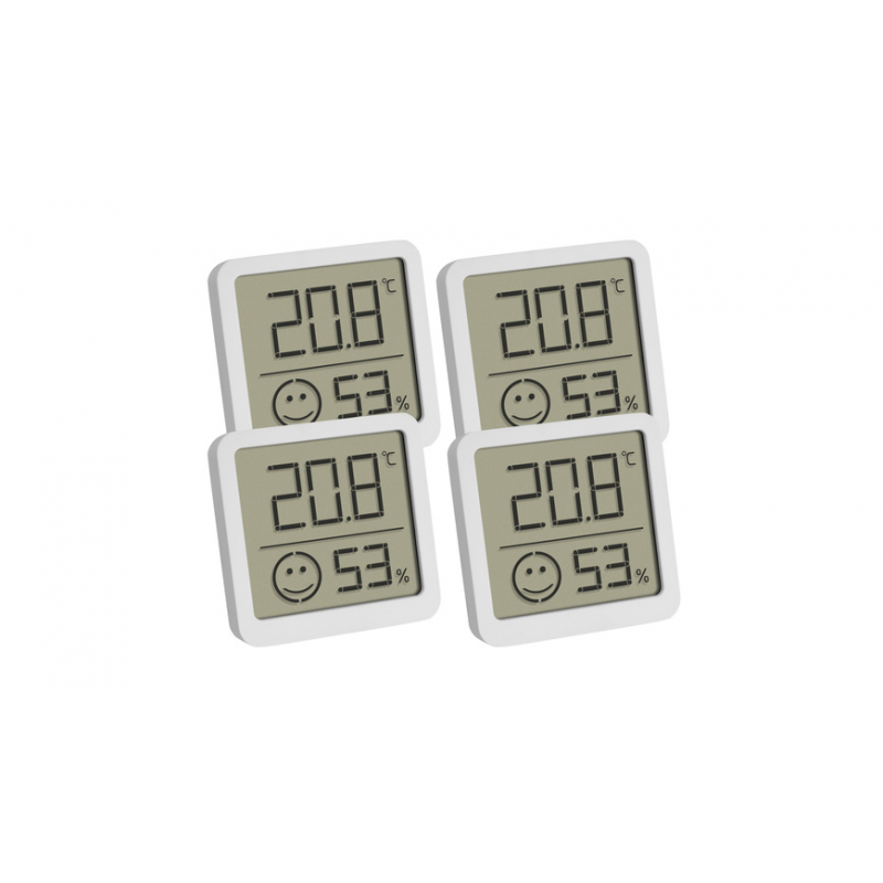 TFA 4er-Set Thermo-Hygrometer mit Smiley-Klimakomfortanzeige, Raumtemperatur, Luftfeuchte, weiß