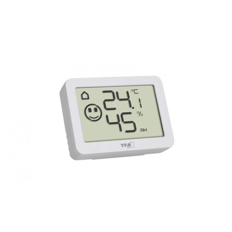 TFA Thermo-Hygrometer mit Smiley-Klimakomfortanzeige, Raumtemperatur, Luftfeuchte (rH), weiß