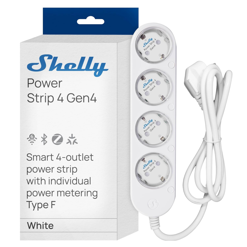 Shelly Power Strip 4 Gen4 weiß - 4-fach Steckdosenleiste, WiFi, Bluetooth, Zigbee, Matter, HomeKit, Alexa / bis zu 12 A pro Steckdose (insgesamt 16 A