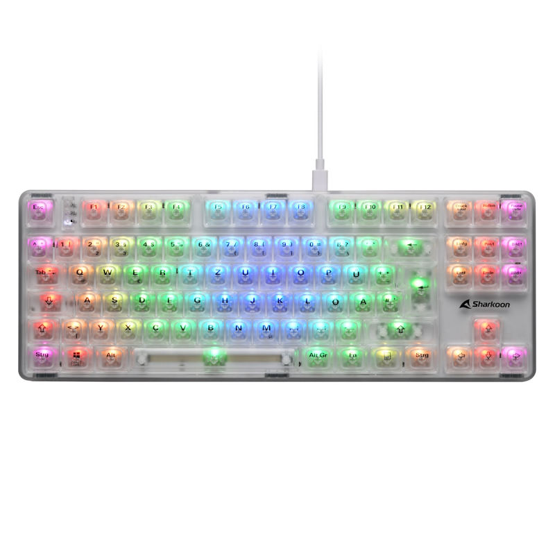 Sharkoon Crystal Shark Gaming Tastatur - TKL Layout, transparente Tastenkappen aus Polycarbonat, kabellos oder kabelgebunden, vorinstallierte KTT Scha