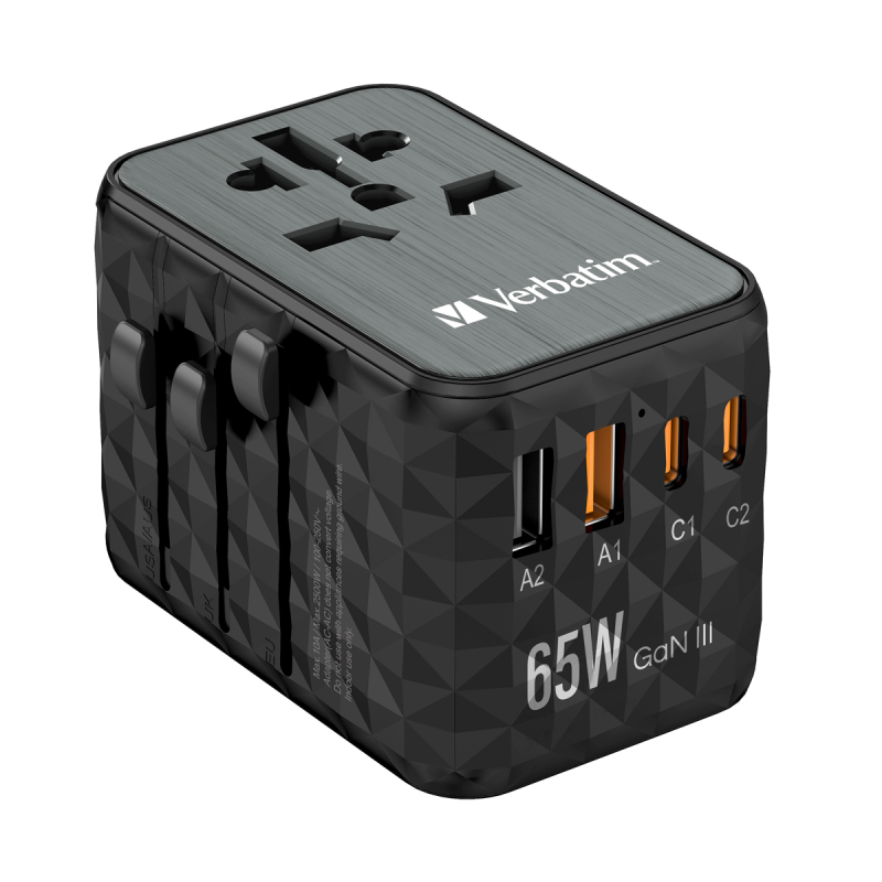 VERBATIM GAN III UNIVERSAL Reiseadapter UTA-05 mit 2 X USB-C PD 65W & QC 4+ / 2 X USB-A