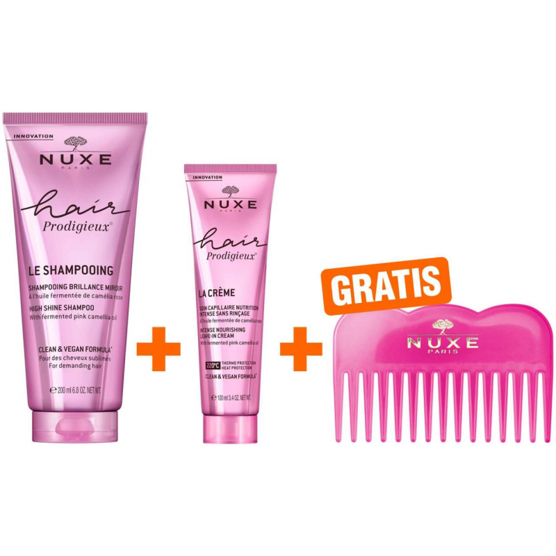 NUXE Hair Prodigieux Glanz-Shampoo 200 ml + NUXE Hair Prodigieux Leave-In Haarpflege 100 ml + gratis Kamm 1 Stück