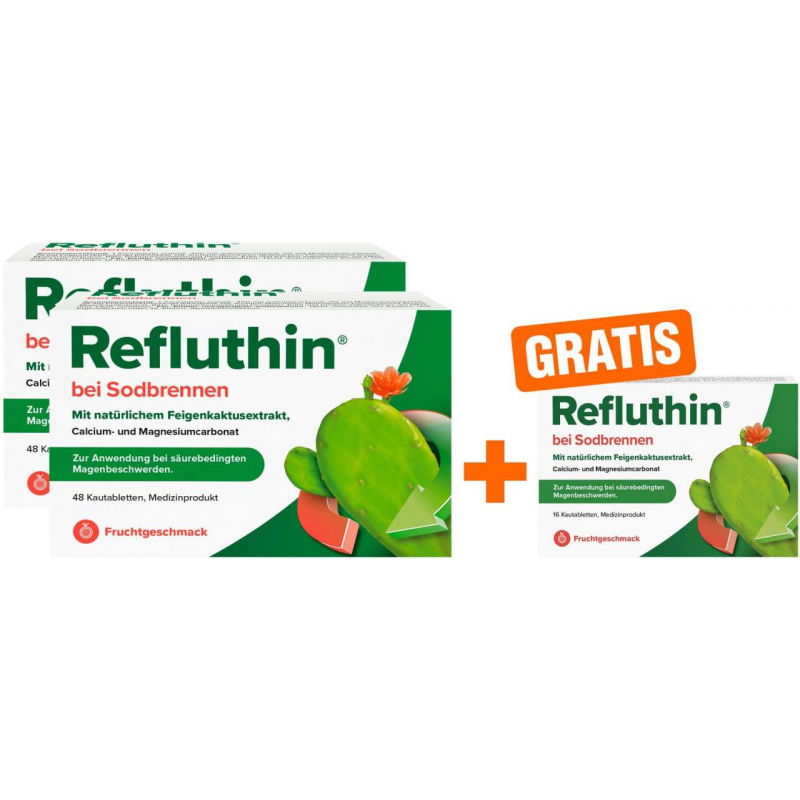 Refluthin Kautabletten Fruchtgeschmack 2 x 48 Stück + gratis 16 Kautabletten