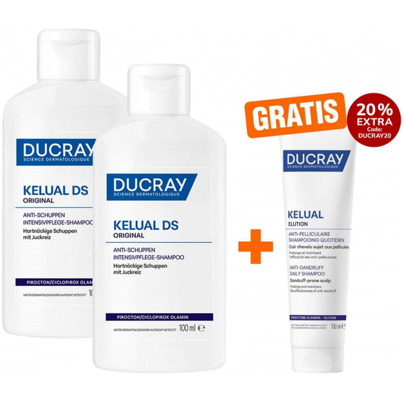 Ducray Kelual DS Shampoo 2 x 100 ml + gratis Elution ausgl.Shampoo 100 ml