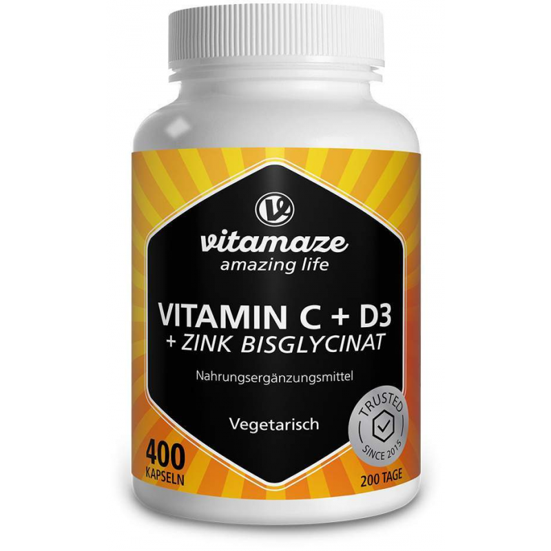 Vitamin C + D3 + Zink Bisglycinat vegetarisch 400 Kapseln