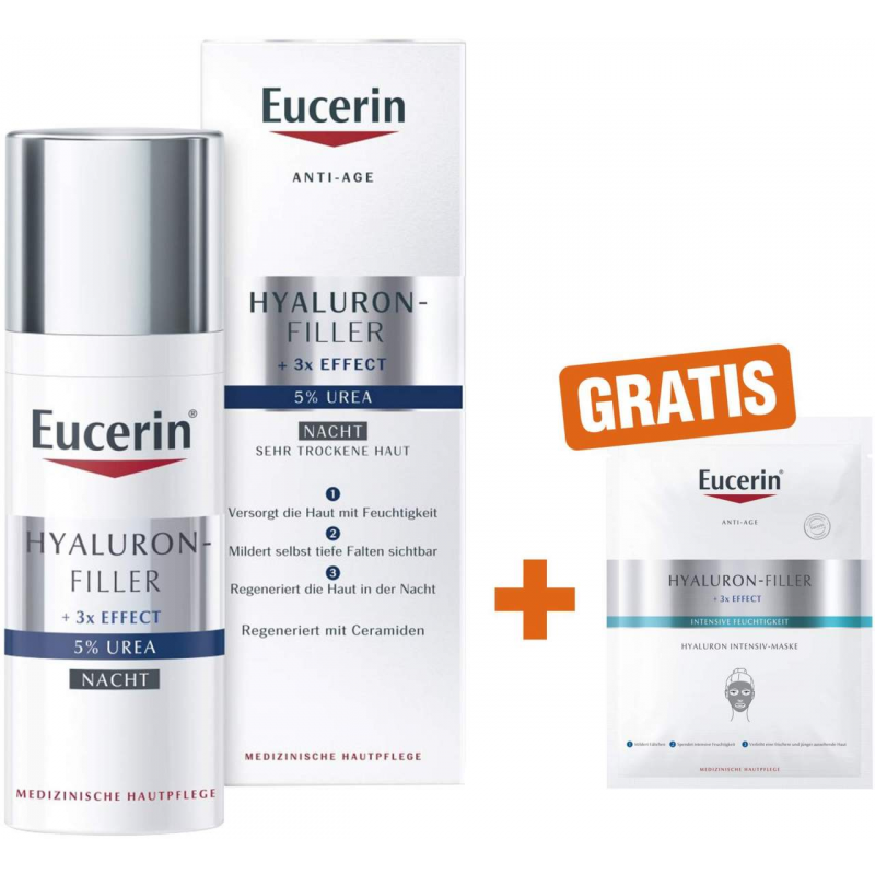 Eucerin AntiAge Hyaluron-Filler Urea Nachtpflege 50 ml Creme + gratis Anti Age Hyaluron Filler Intensiv Maske 1 Stück